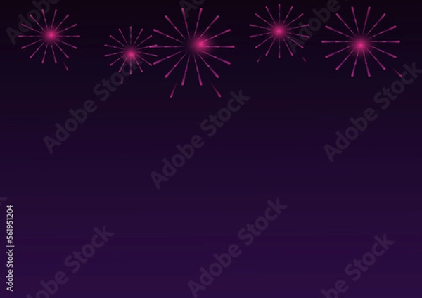 Fototapeta Pink fireworks with holiday celebration symbols on purple and black color background, empty space for display logo and content, creative design vector illustration.