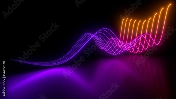 Fototapeta Sci Fy neon glowing wave lines in a dark hall. Reflections on the floor. Empty background in the center. 3d rendering image. Abstract glowing lines. Techology futuristic background.