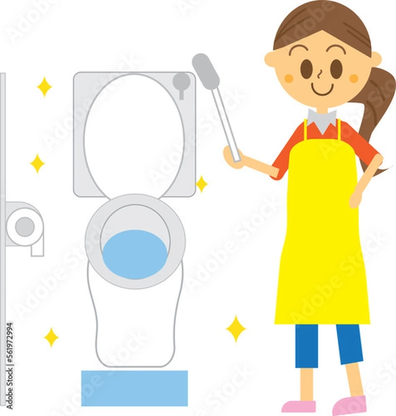 Obraz トイレを大掃除してピカピカにした女性のイラスト・ハウスクリーニング・家事・母親・家事代行