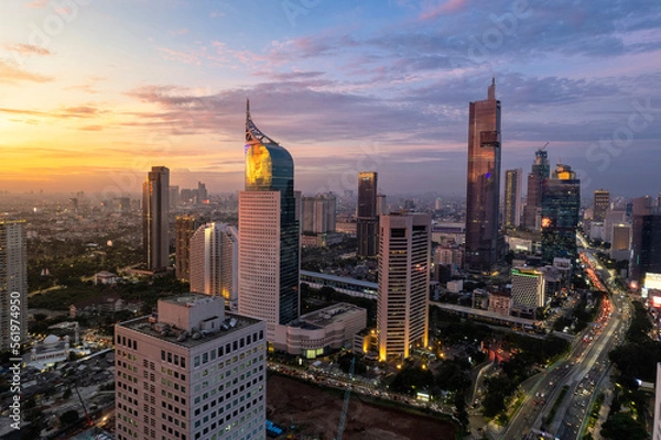 Fototapeta Jakarta Panoramic from Sudirman street view during the golden hour. Jakarta is capital city of indonesia before it be moved to Kalimantan. 