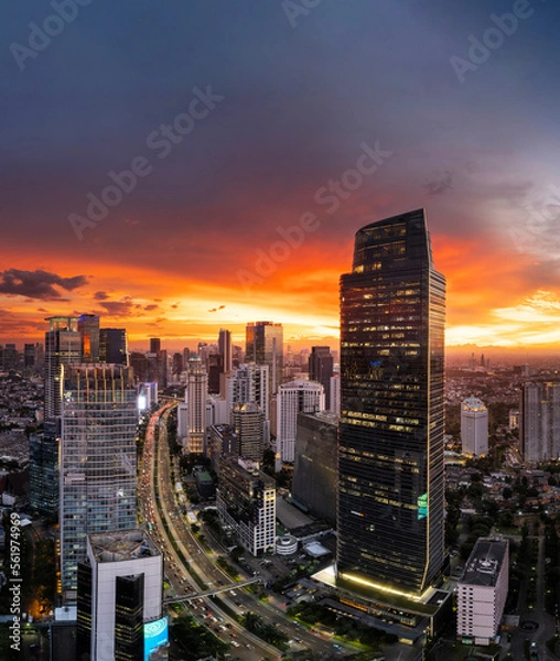 Fototapeta Jakarta Panoramic from Sudirman street view during the golden hour. Jakarta is capital city of indonesia before it be moved to Kalimantan. 
