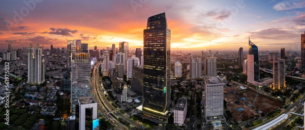Fototapeta Jakarta Panoramic from Sudirman street view during the golden hour. Jakarta is capital city of indonesia before it be moved to Kalimantan. 