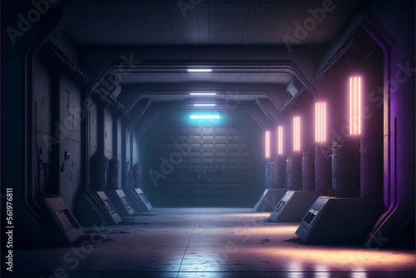 Fototapeta Realistic Alien Sci Fi Futuristic Concrete Asphalt Warehouse, Generative ai