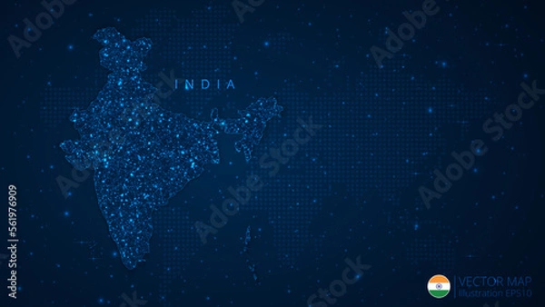 Fototapeta Map of India modern design with polygonal shapes on dark blue background. Business wireframe mesh spheres from flying debris. Blue structure style vector illustration concept