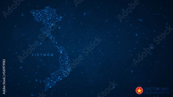 Fototapeta Map of Vietnam modern design with polygonal shapes on dark blue background. Business wireframe mesh spheres from flying debris. Blue structure style vector illustration concept