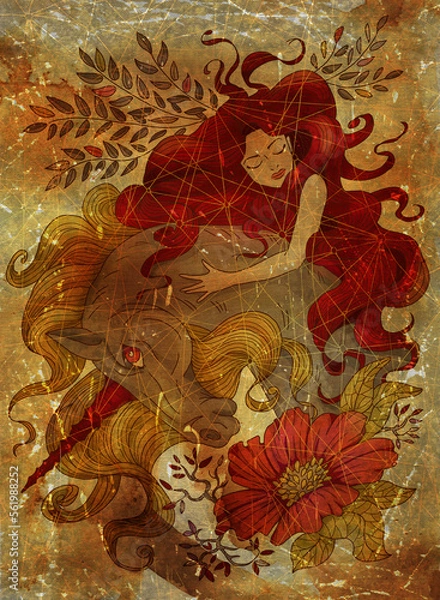 Fototapeta Colorful fantasy illustration with hand drawn beautiful fairy girl or princess and magic unicorn horse against old textured background, mystic card with fairy tale cartoon character