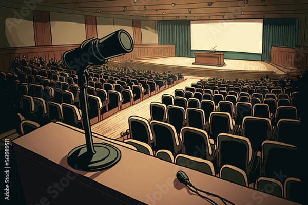 Fototapeta Large classroom, university lecture hall; view from lectern with microphone. Generative AI