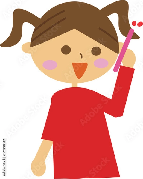 Obraz キッズ携帯で会話している小学生の子供のイラスト・女の子・キッズスマホ・通話・連絡