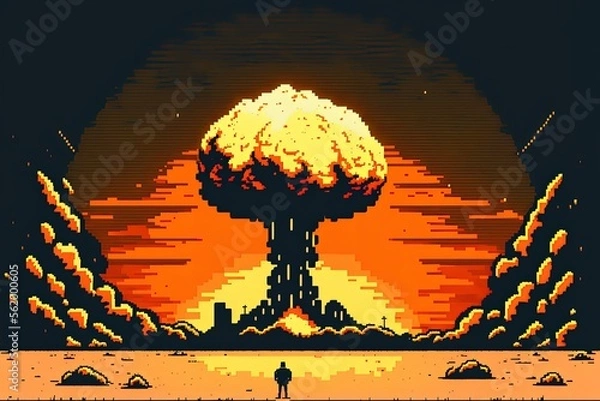 Fototapeta Pixel art atomic bomb explosion, background in retro style for 8 bit game, Generative AI