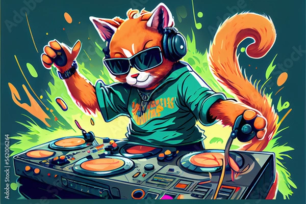 Fototapeta ginger cat dj playing loud music to a crowd, generative ai
