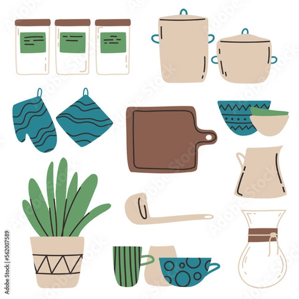Obraz Set of a kitchenware vector illustration. Pans, cups for coffee, chemex, board and banks. Flat design. Ideal for web design and typography.