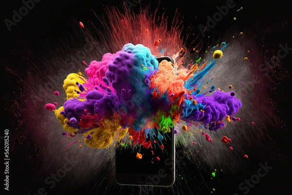 Fototapeta Detonation of a smartphone. Color bomb on the screen. Generative AI