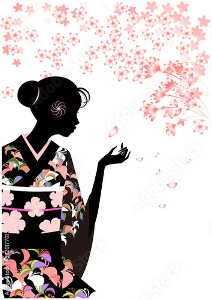 Fototapeta 着物を着た女性のシルエットと桜の花