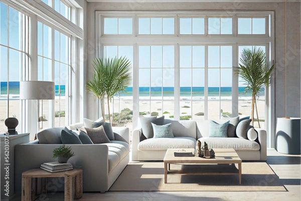 Fototapeta Large living room with a sea view in a lavish summer beach home, modern furniture. interior of a holiday house or villa - generative ai