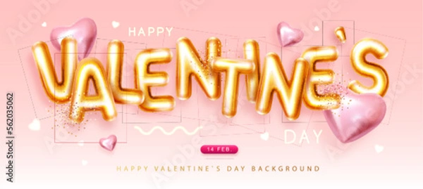 Fototapeta Happy Valentines Day poster with 3D letters and gold love hearts. Holiday greeting card. Vector illustration