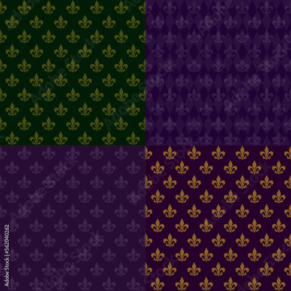 Fototapeta Set of Mardi Gras backgrounds. Four seamless backgrounds with royal lilies with Mardi Gras party style. Vector illustration for design and web.