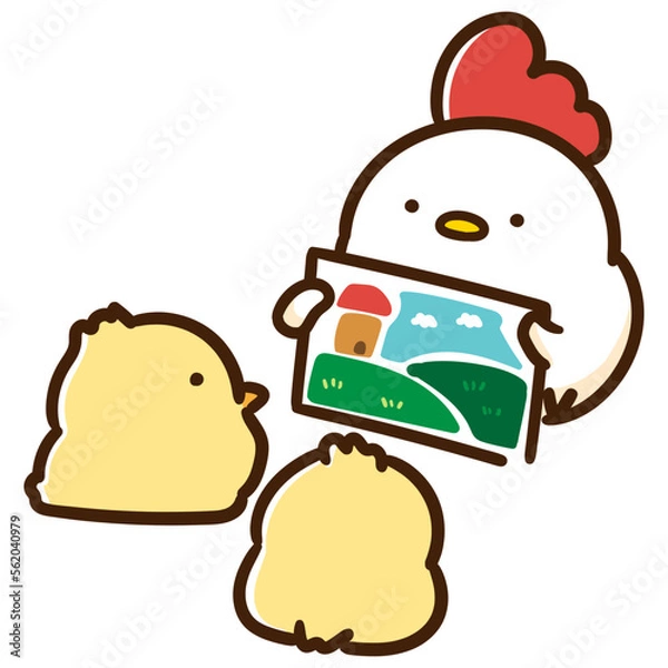 Obraz ひよこたちに紙芝居を読み聞かせるかわいいにわとりお母さん