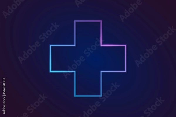 Fototapeta Neon color light plus symbol frame. Retro fluorescent  border. Object on gradient background vector. Neon line in graphic style.