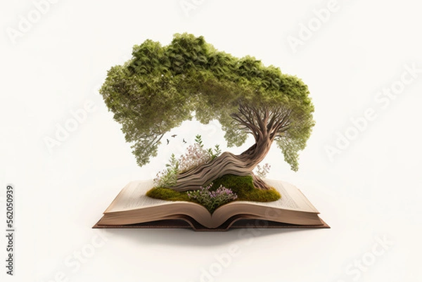 Fototapeta Tree growing from an open book. National reading day. Sustainable education and environment concept. Generative AI