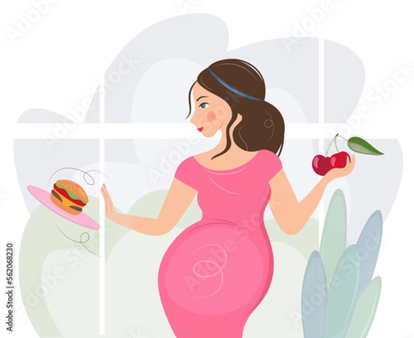 Fototapeta A pregnant woman refuses a hamburger in favor of cherries. No fast food. Only a healthy diet for an unborn baby. Vector flat isolated illustration. The concept of healthy eating, safe pregnancy.