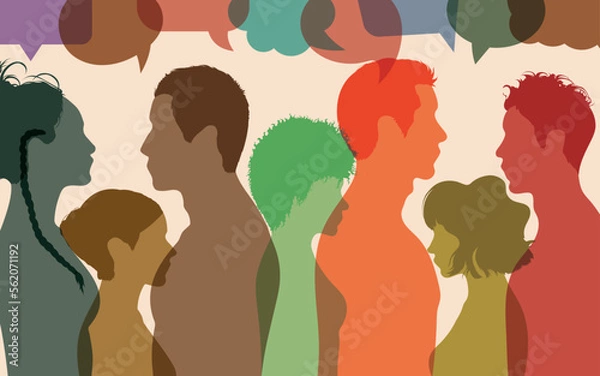 Fototapeta Multiethnic people in community. Multicultural population. Speech bubble.