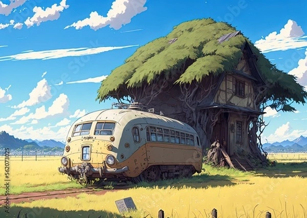 Fototapeta anime illustration style, abandoned van car with house that tree grow on it behind,  Generative Ai