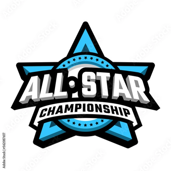 Fototapeta All star championship inscription on the background of a star logo, emblem. Vector illustration.