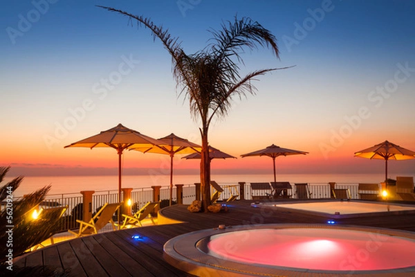 Fototapeta Summer time: beautiful view of red dawn at pool area with palm a