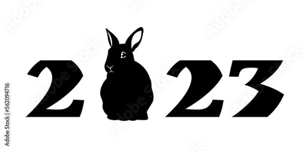 Obraz Black silhouette of a rabbit isolated on white background. Happy New Year 2023 text design. Brochure design template, card, banner. Vector illustration. Isolated on white background