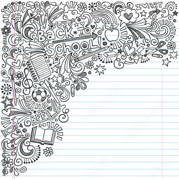 Fototapeta Back to School Inky Doodles Vector on Notebook Paper Background