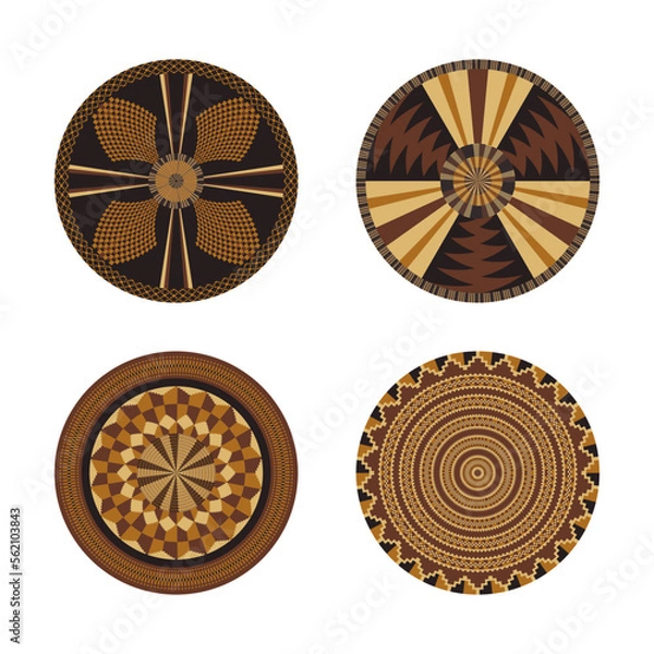 Obraz Set of African decorative elements. Round ornament pattern. Collection of mandalas in tribal style. Design baskets from Botswana.