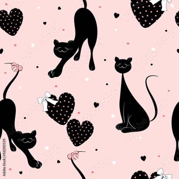 Obraz Cat seamless pattern. Snout and cartoon caricature cat. red glitter. Prints, packaging template, textiles, bedding and wallpaper.