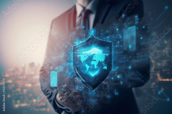 Fototapeta Cyber security network. Padlock icon and internet technology networking. Businessman protecting data personal information on tablet and virtual interface. Data protection privacy concept. 