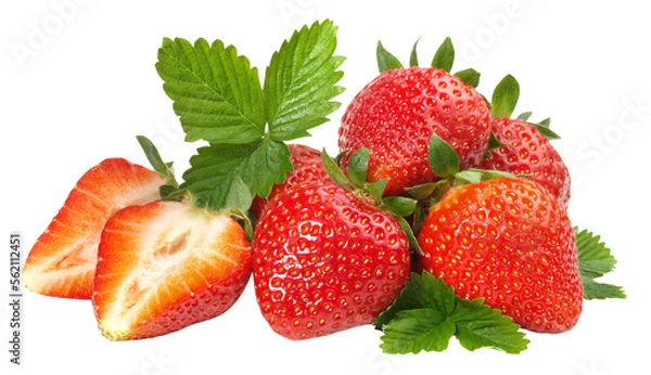 Obraz Fresh Strawberries with Leaves - Transparent PNG Background