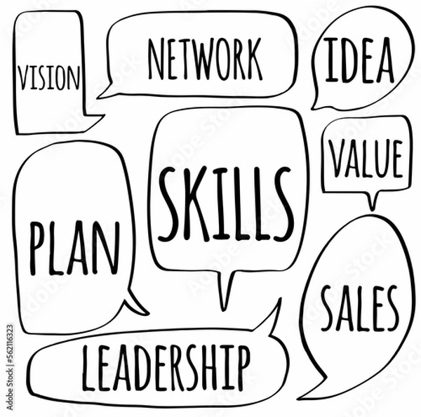 Fototapeta Set doodle hand drawn speech bubbles of VISION, NETWORK, PLAN, SKILLS, LEADERSHIP, IDEA, VALUE, SALES. Vector design illustration