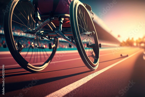 Fototapeta Close up of man in wheelchair sports on an outdoor Running track. Disabled athlete concept. Generative AI.
