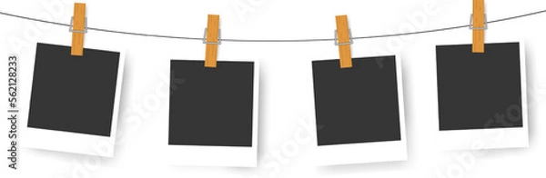 Fototapeta Snapshots attached to a clothespin. Realisctic retro photo frames. Booth empty teplate for collage