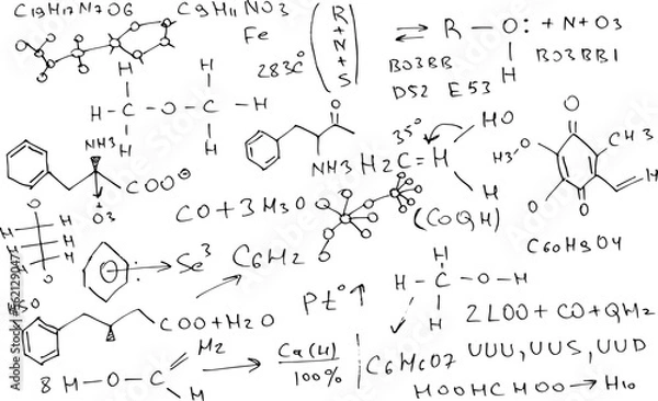 Fototapeta Chemical formulas and expressions. Vector scientific background. Handwritten on white.