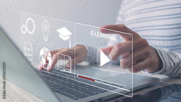 Obraz learning online concept.Woman hand using laptop computer study e-learning online education training for personal development and Professional.study online, Digital courses to develop new skills.