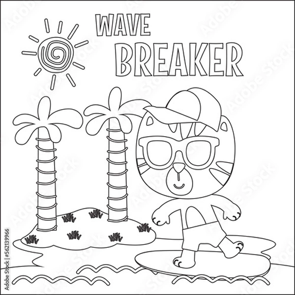 Obraz Vector illustration of surfing time with cute little tiger at summer beach. Childish design for kids activity colouring book or page.