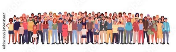Obraz Multinational large group of people isolated on white background. Children, adults and teenagers stand together. Illustration 