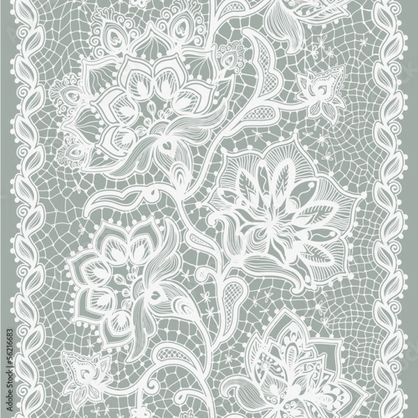 Fototapeta Abstract lace ribbon seamless pattern with elements flowers.