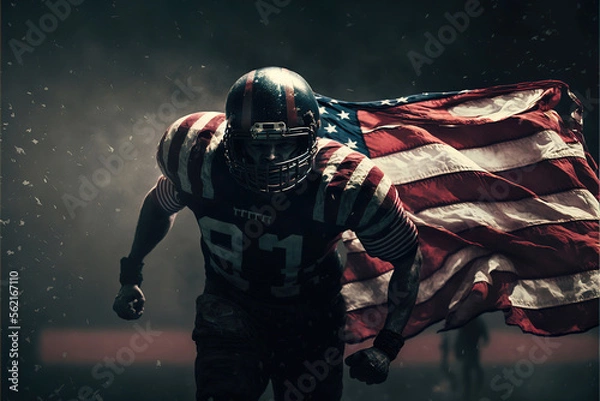 Fototapeta american football player in super bowl game with usa flag in the background, epic scene, generative ai