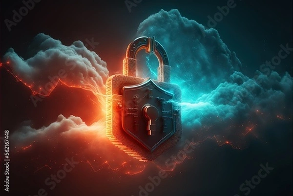 Fototapeta Cyber security, data protection, cyberattacks concept on blue background. Database security software development. Online security concept. AI