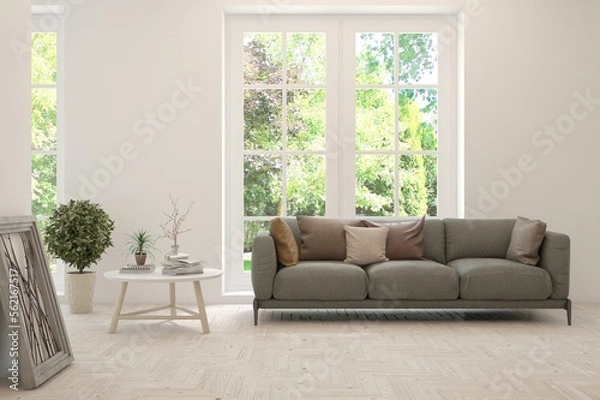 Obraz White living room with sofa and summer landscape in window. Scandinavian interior design. 3D illustration