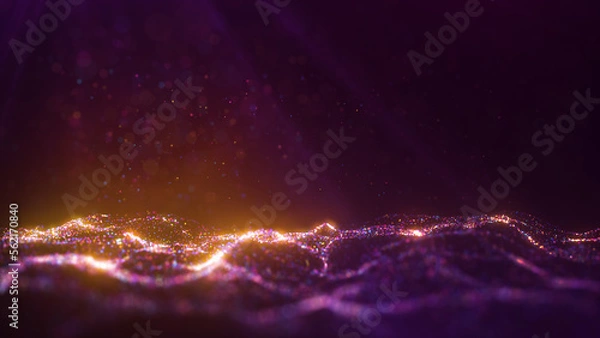 Obraz Digital data transfer concept. Night city electricity, information stream. Virtual reality cyberspace. Elegant particle flow, colorful glitters. Magical bokeh, abstract background. 3d rendering