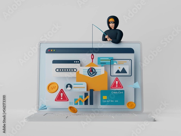 Fototapeta 3d illustration of Data phishing concept, Hacker and Cyber criminals phishing stealing private personal data, password, email and credit card. Online scam, malware and password phishing.