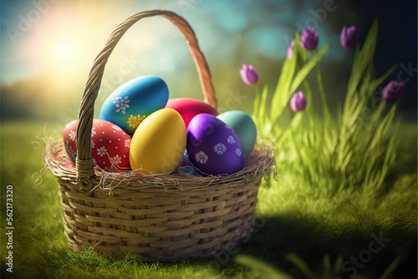 Fototapeta Basket of Easter Eggs On Sunny Meadow background AI