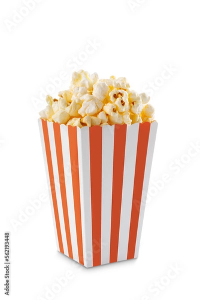 Fototapeta Red white striped carton bucket with tasty cheese popcorn, isolated on transparent background, PNG. Movies, cinema and entertainment concept.