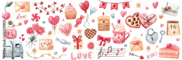 Fototapeta Big watercolor set of design elements for Valentines day. Cute watercolour icons, symbol of romance, love for print, card, poster, stickers